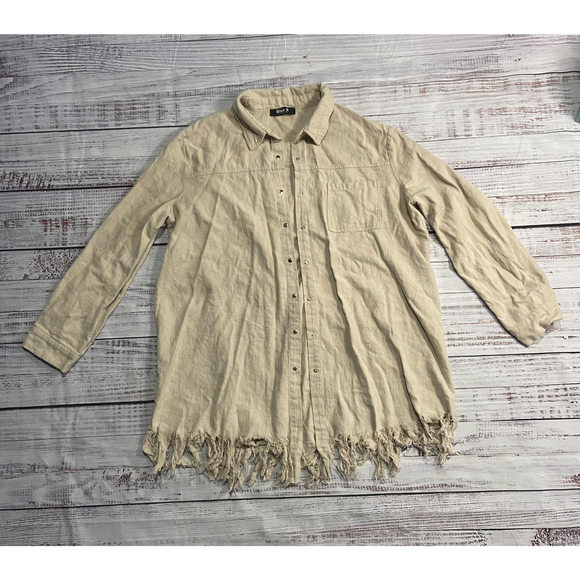 Women's Blue B Collection Frayed Hem Linen/Cotton Shacket - Picture 1 of 4